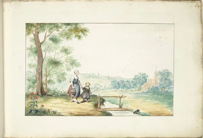 Boerenvrouw en kind in een landschap Wall Art by Unknown - High-Resolution Digital Print