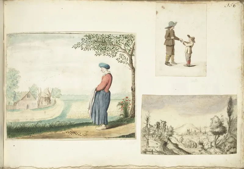 Boerenvrouw, jongens met appels en een heuvelachtig landschap Wall Art by anonymous - High-Resolution Digital Print