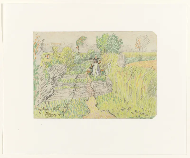 Boerin met juk met melkemmers op de schouders, lopend door een korenveld Wall Art by Jan Toorop - High-Resolution Digital Print