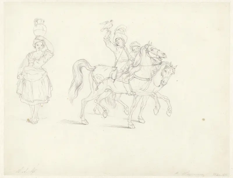 Boerin met kruik op het hoofd en een valkenier te paard Wall Art by Hendrik Abraham Klinkhamer - High-Resolution Digital Print