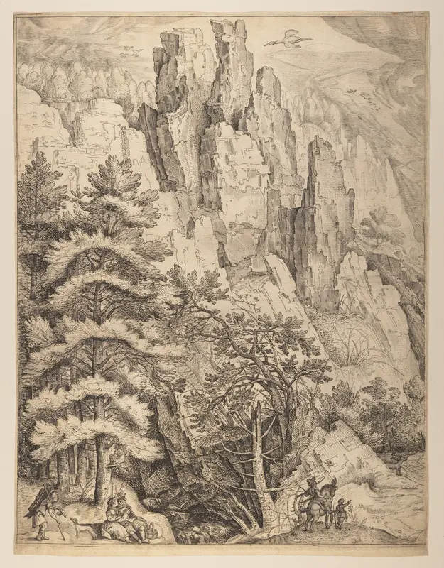 Bohemian Landscape with Couples and Hunters (left plate) Wall Art by Jacob Matham - High-Resolution Digital Print