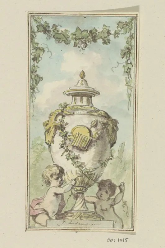 Bokaal met attributen van Bacchus, met aan de voet twee putti Wall Art by Unknown - High-Resolution Digital Print