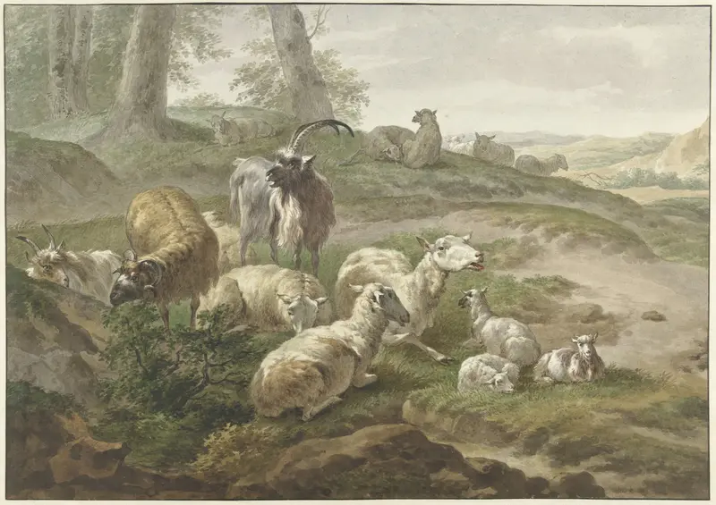 Bokken en schapen in een heuvelachtig landschap Wall Art by Wybrand Hendriks - High-Resolution Digital Print
