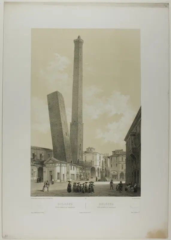 Bologna: The Asinelli and Garisenda towers, plate 40 from Italie Monumentale et Pittoresque