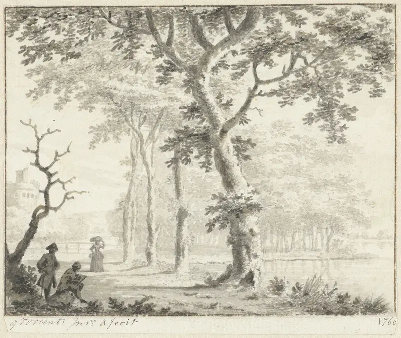 Bomen aan de waterkant en een tekenaar Wall Art by Unknown - High-Resolution Digital Print