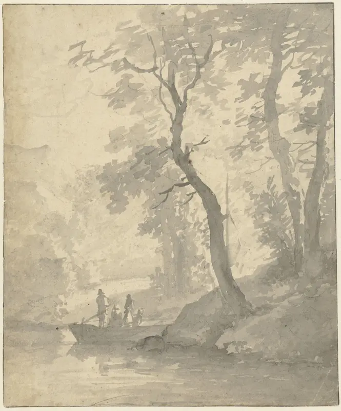 Bomen aan een water waarop een boot met inzittenden Wall Art by Jan Hulswit - High-Resolution Digital Print