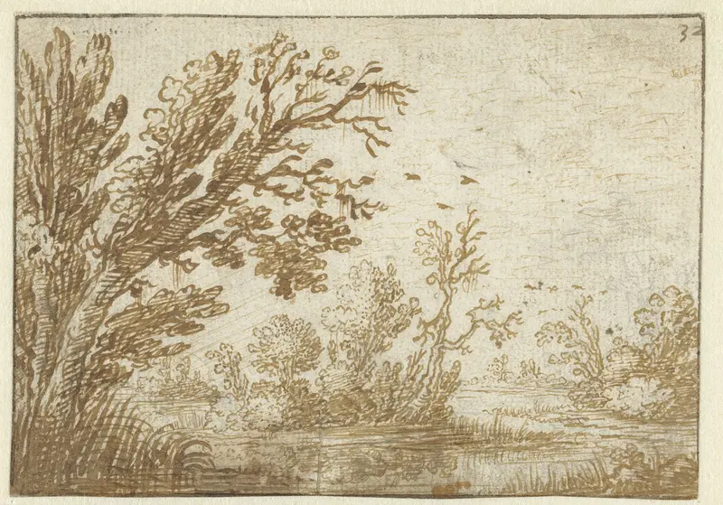 Bomen en struiken langs kronkelend water Wall Art by Unknown - High-Resolution Digital Print