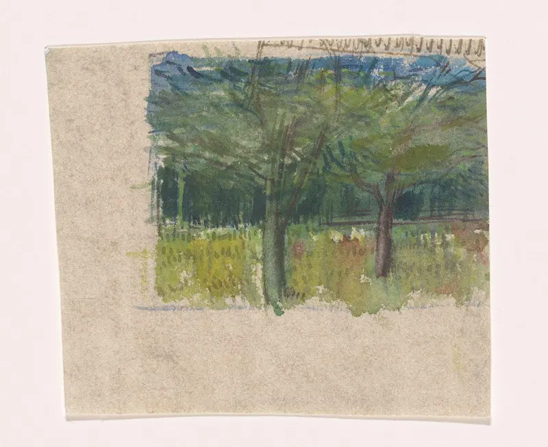 Bomen in blad in groen veld tegen blauwe lucht Wall Art by Kees Stoop - High-Resolution Digital Print