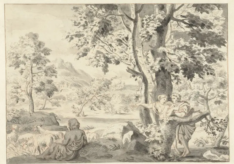 Bomenrijk landschap met een herder, een man en een vrouw Wall Art by Unknown - High-Resolution Digital Print