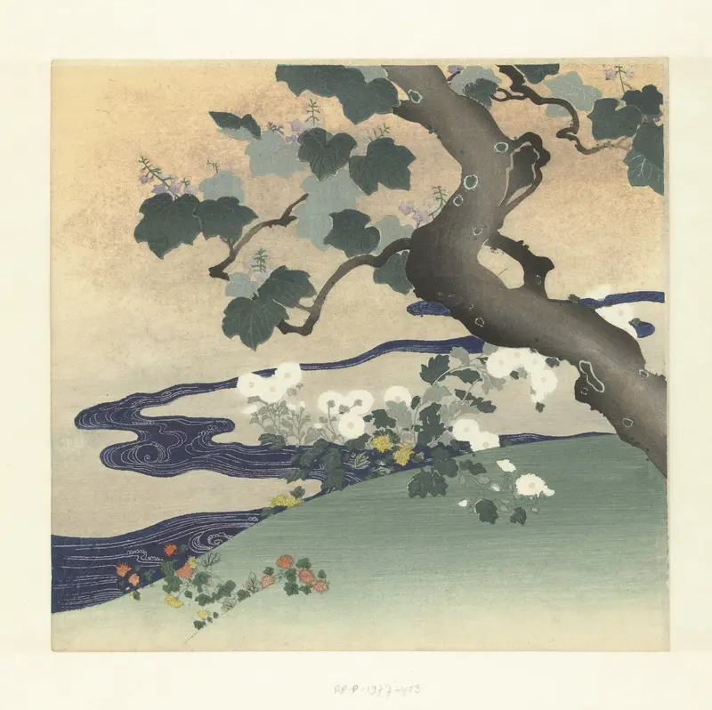 Boom en chrysanten Wall Art by Tsukioka Kôgyo - High-Resolution Digital Print