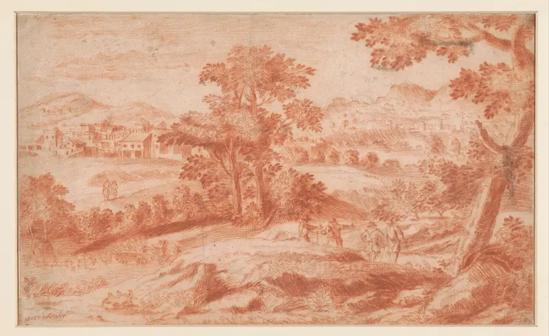 Boom- en heuvelrijk landschap met wandelaars Wall Art by Unknown - High-Resolution Digital Print