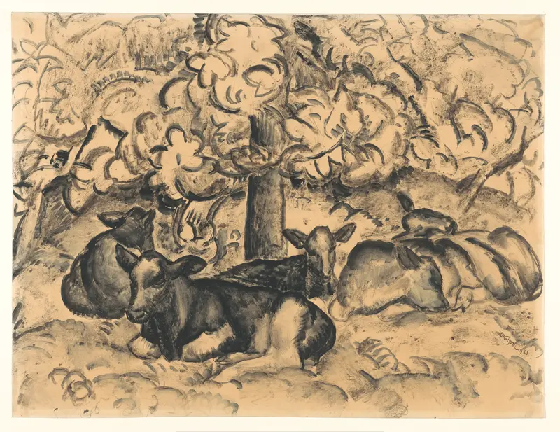 Boomgaard met kalveren Wall Art by Unknown - High-Resolution Digital Print