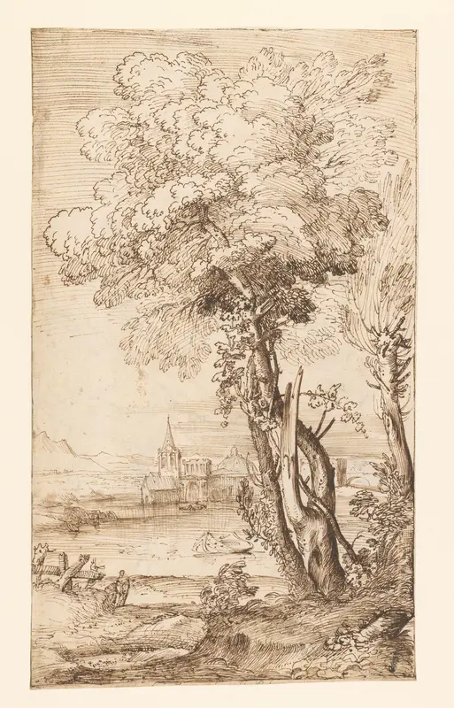 Boomgroep aan een meer in een bergachtig landschap Wall Art by Giovanni Francesco Grimaldi - High-Resolution Digital Print