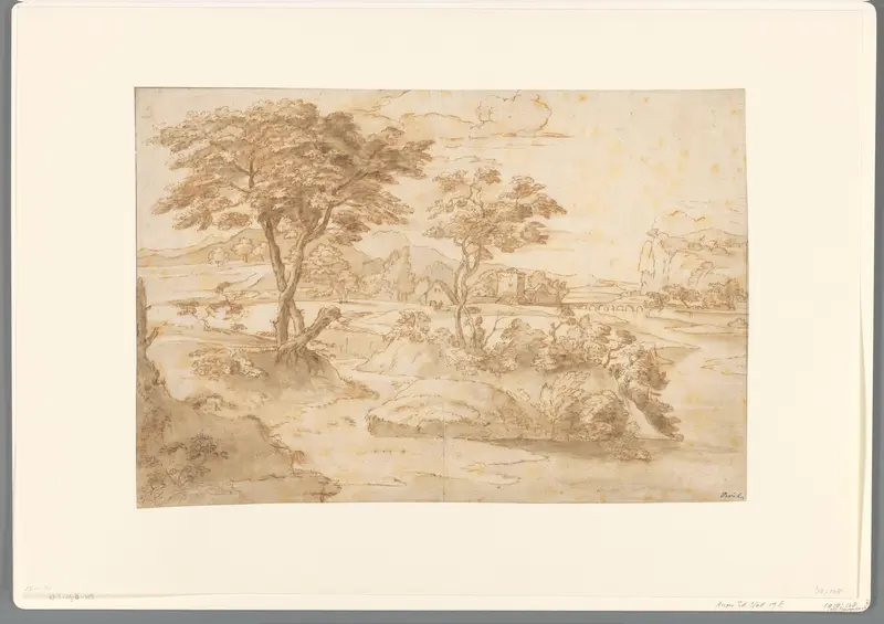 Boomrijk landschap met in de verte enkele gebouwen Wall Art by anonymous - High-Resolution Digital Print