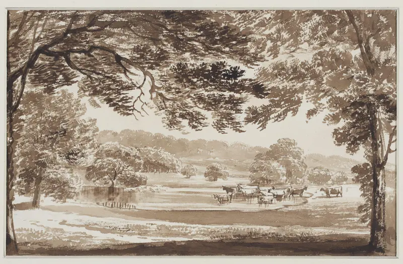 Boomrijk landschap met koeien in een meertje Wall Art by Unknown - High-Resolution Digital Print