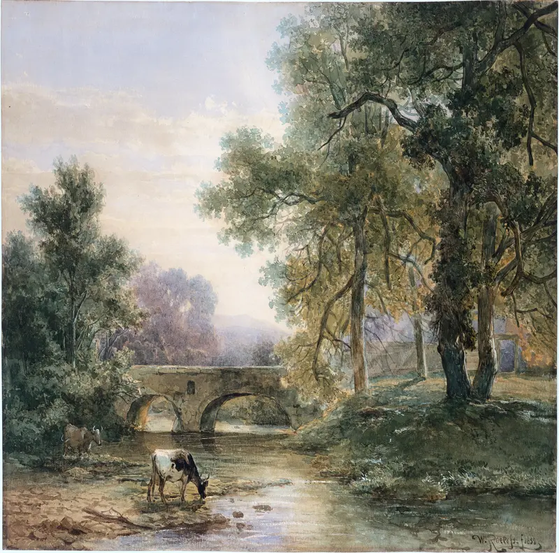 Boomrijk landschap met stenen brug over een rivier Wall Art by Unknown - High-Resolution Digital Print