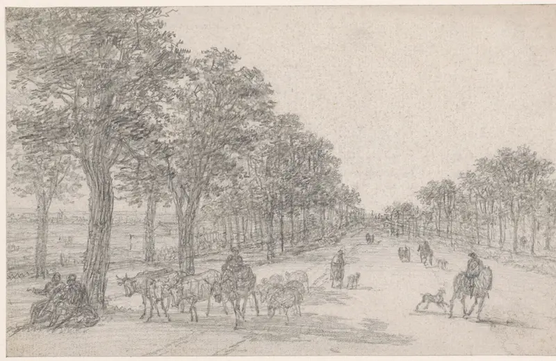 Boomrijke weg met een herder met kudde, man te paard en passanten Wall Art by Georges Michel - High-Resolution Digital Print