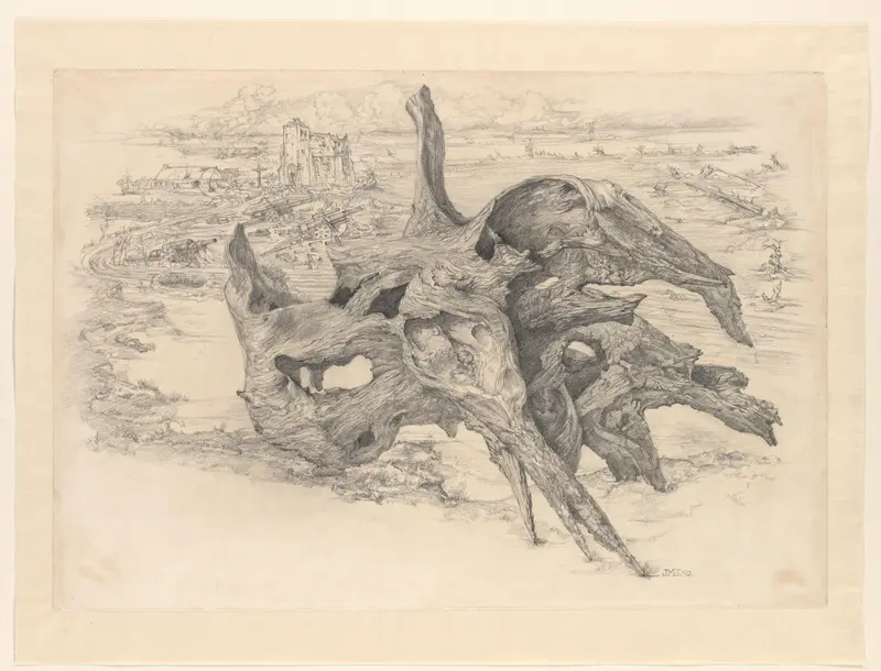 Boomstronk in oorlogslandschap Wall Art by Unknown - High-Resolution Digital Print