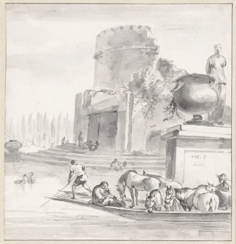 Boot met vee op rivier bij ruïne Wall Art by Hendrik Verschuring - High-Resolution Digital Print