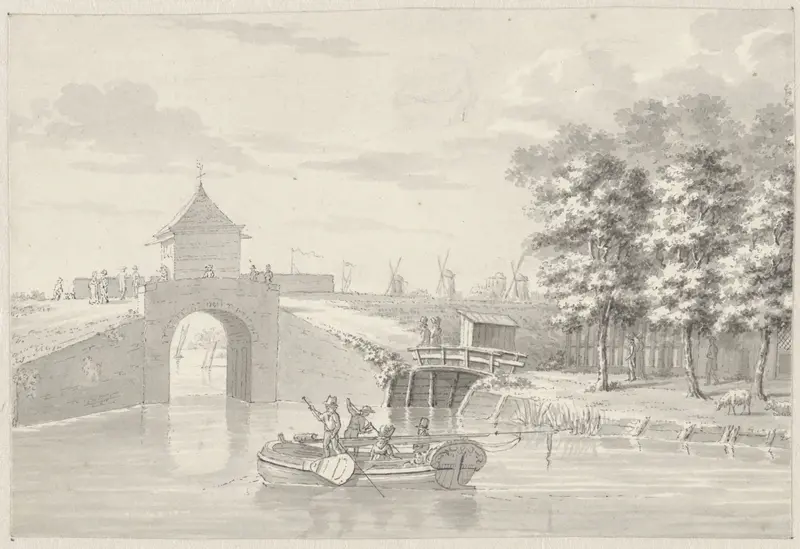 Boot met vier personen bij een brug Wall Art by Unknown - High-Resolution Digital Print
