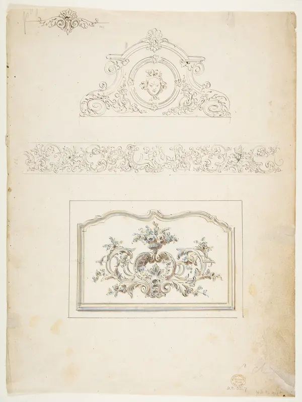 Border and Three Pediments (recto), Fifteen circular Designs (verso) Wall Art by Anonymous, French, 18th century - High-Resolution Digital Print