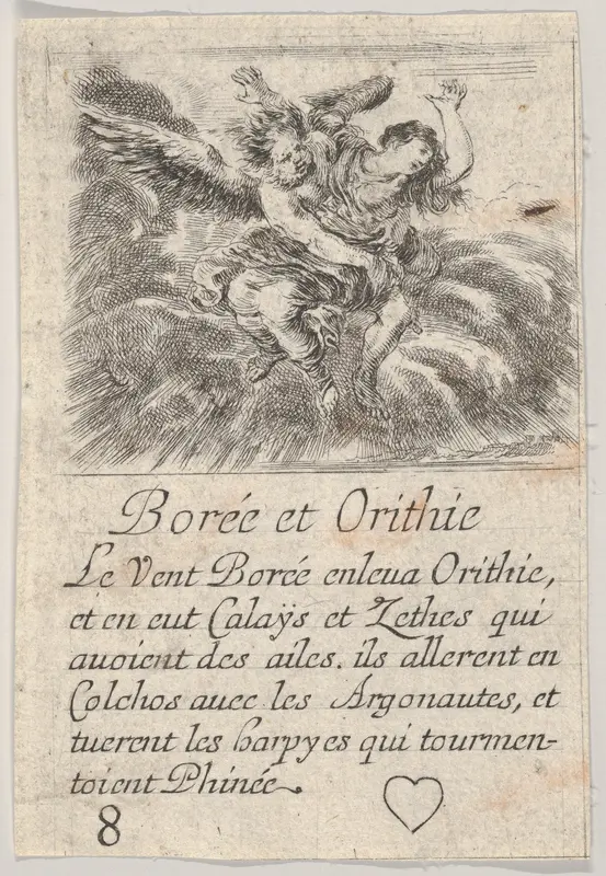 Boreas and Orithyia, from "Game of Mythology" (Jeu de la Mythologie) Wall Art by Stefano della Bella - High-Resolution Digital Print
