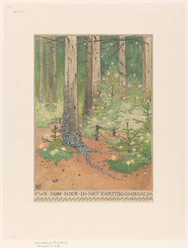 Bos met versierde en verlichte kerstbomen Wall Art by Unknown - High-Resolution Digital Print