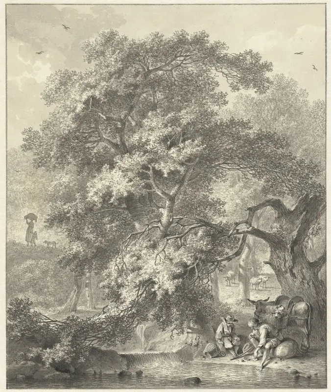 Bosgezicht met rustende herders bij een watervalletje Wall Art by Hendrik Meijer - High-Resolution Digital Print