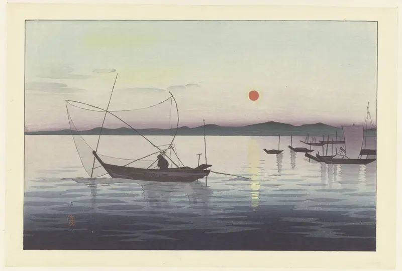 Boten en ondergaande zon. Wall Art by Unknown - High-Resolution Digital Print