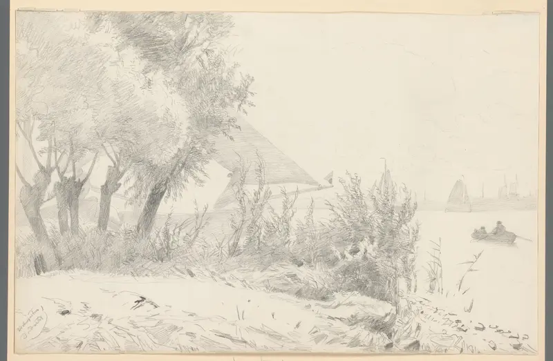 Boten op het water te Dordrecht, gezien door bomen vanaf de oever Wall Art by Willem Anthonie van Deventer - High-Resolution Digital Print