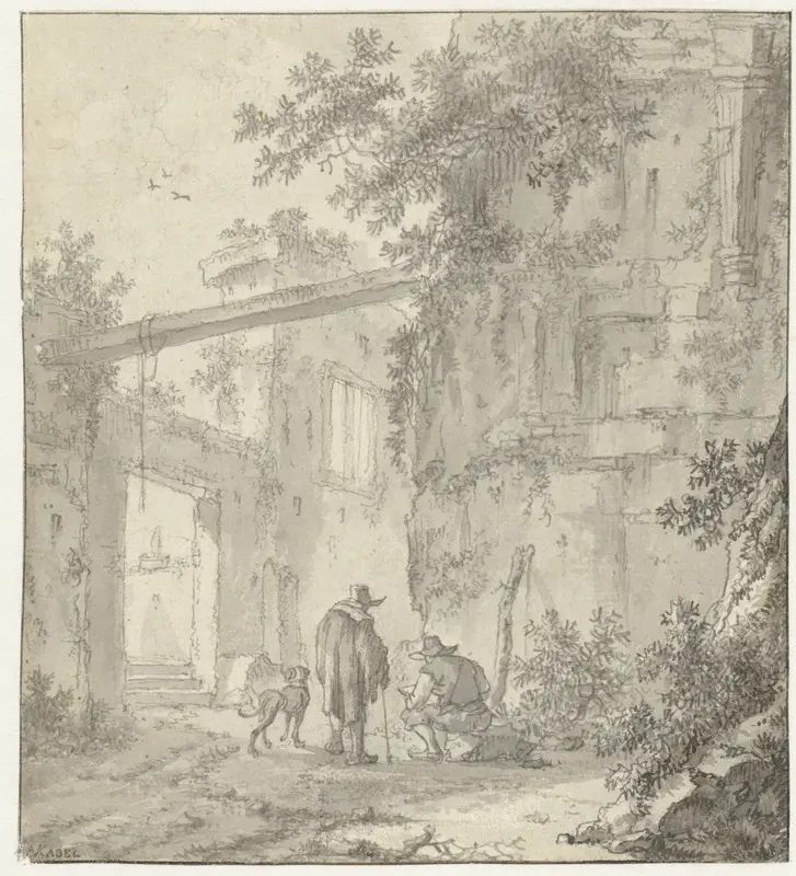 Bouwval van een antiek gebouw met een tekenaar, zijn metgezel en een hond Wall Art by Adriaen van der Kabel - High-Resolution Digital Print