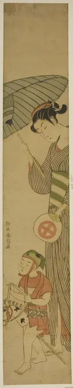 Boy on Hobby Horse Followed by Woman Holding Umbrella Wall Art by Suzuki Harunobu - High-Resolution Digital Print