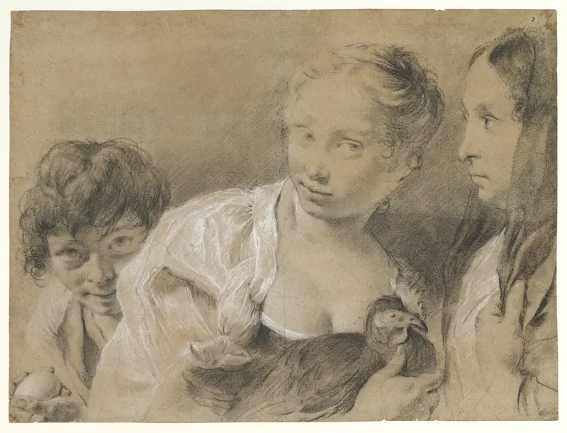 Boy with an Egg, Girl with a Hen, and a Watching Woman Wall Art by Giovanni Battista Piazzetta - High-Resolution Digital Print