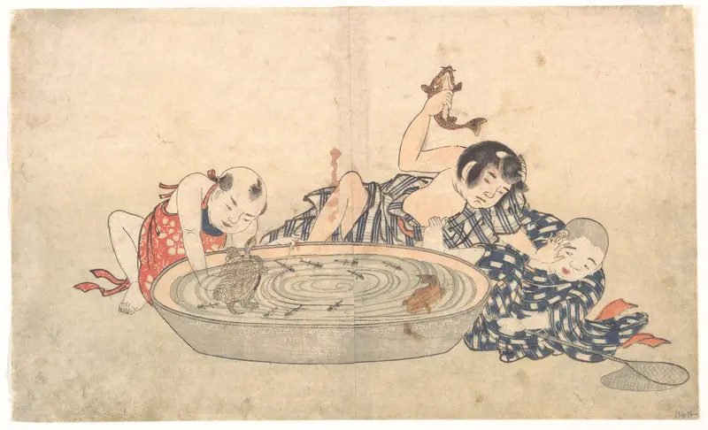 Boys Playing with a Basin of Fish and Turtles Wall Art by Kitao Shigemasa - High-Resolution Digital Print