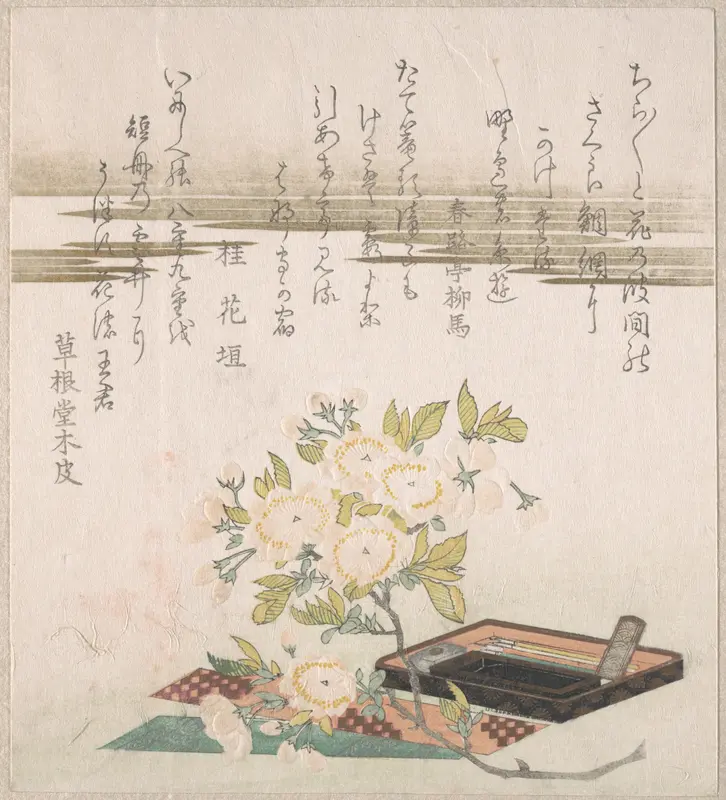 Branch with Cherry Flowers, Writing Box and Sheet of Paper for Poem Writing (Tanzaku)