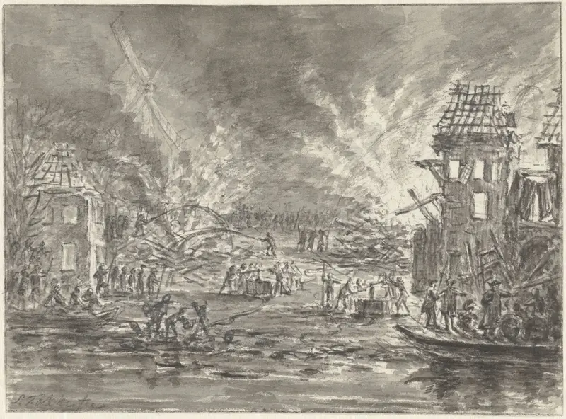 Brand bij de Raampoort te Amsterdam aan lijnbaan Het Speeljagt, 1761 Wall Art by Simon Fokke - High-Resolution Digital Print