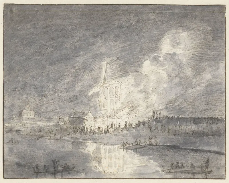 Brand in een molen aan de Muiderdijk, ca. 1710 Wall Art by Hendrik Spilman - High-Resolution Digital Print