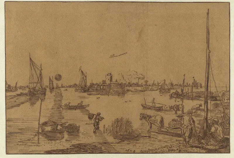Brede rivier met op de achtergrond een vestingstad Wall Art by Unknown - High-Resolution Digital Print