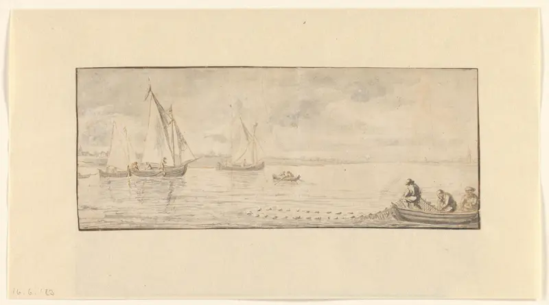 Brede rivier met zeilschepen en een roeibootje Wall Art by Unknown - High-Resolution Digital Print
