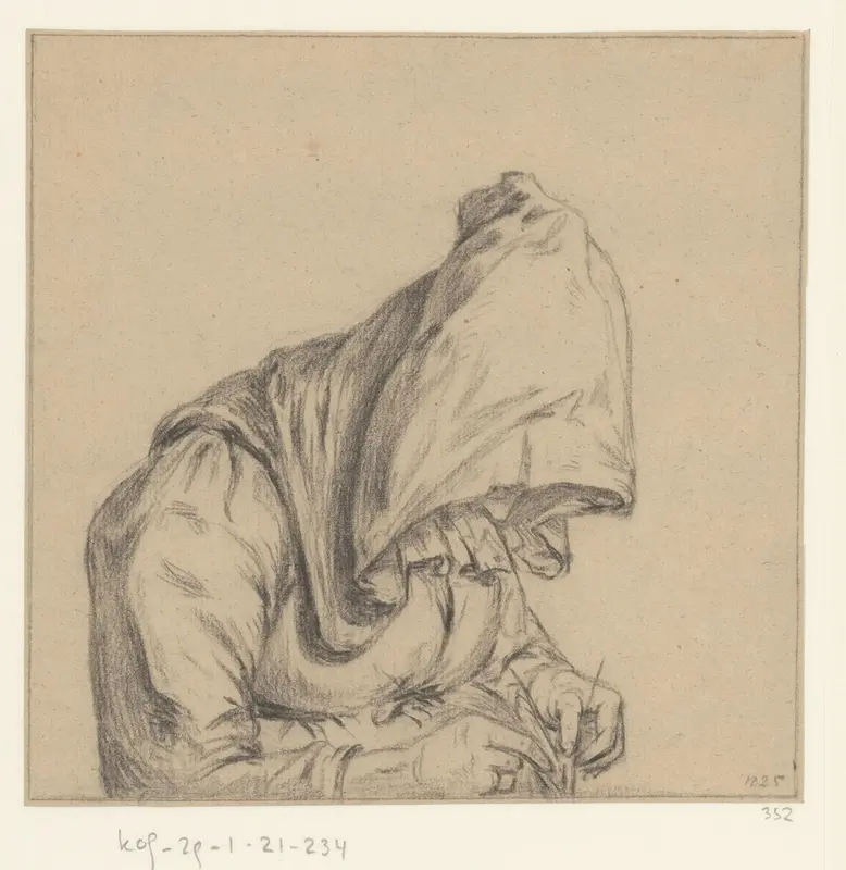Breiende oude vrouw met capuchon Wall Art by anonymous - High-Resolution Digital Print