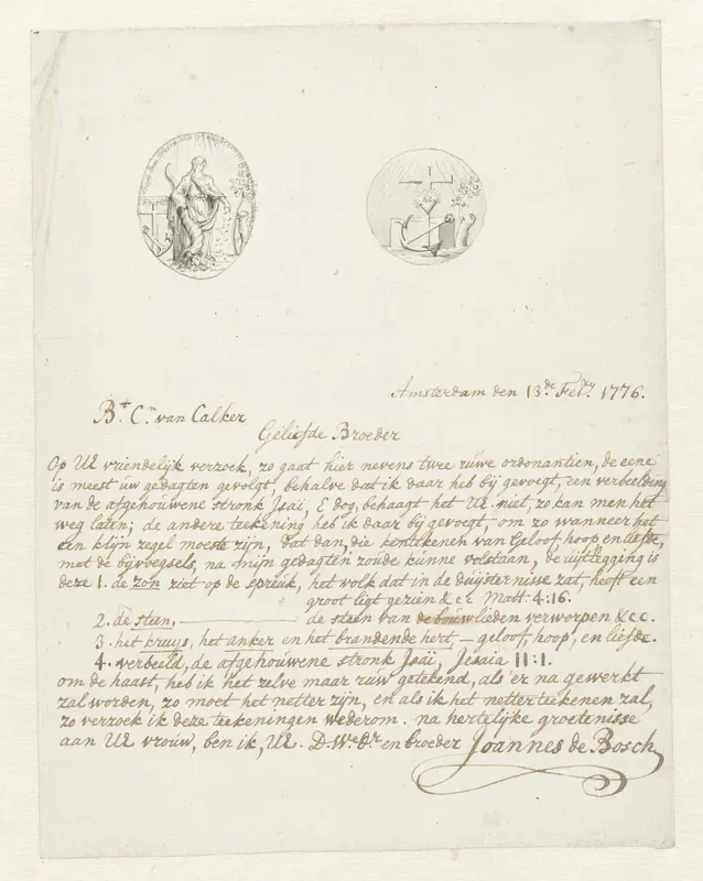 Brief met twee ontwerpen voor allegorische vignetten Wall Art by Joannes de Bosch - High-Resolution Digital Print
