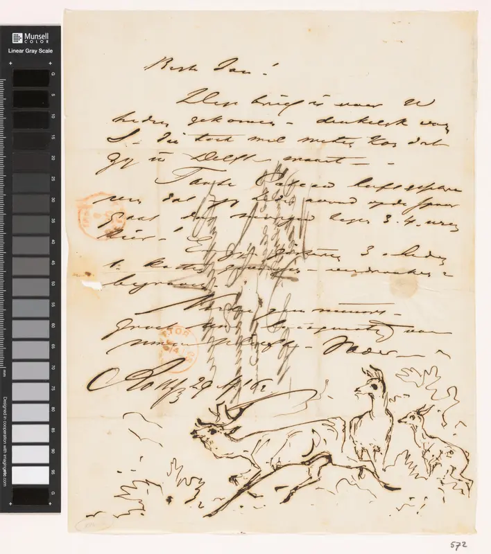 Brief van Johannes Tavenraat met schets van herten Wall Art by Unknown - High-Resolution Digital Print