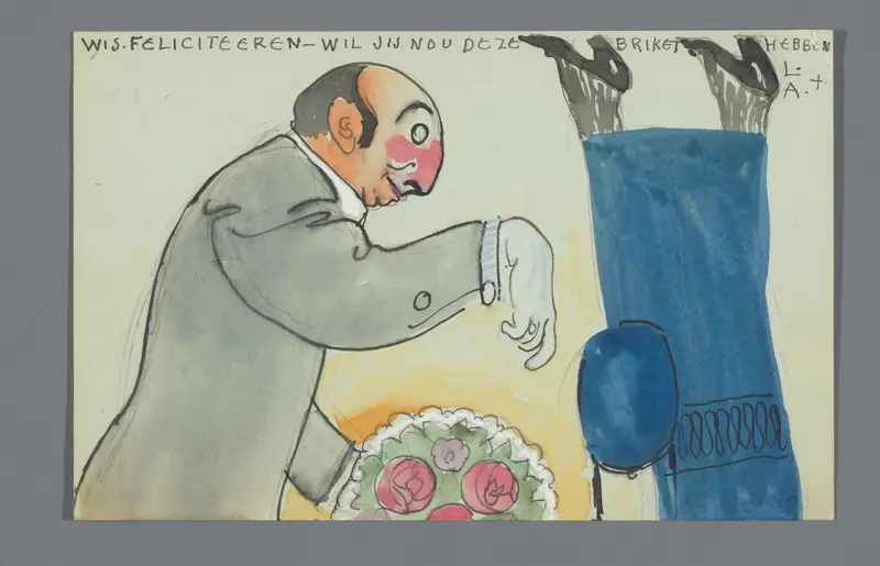 Briefkaart met een tekening van het onderlichaam van An Overtoom en bovenlichaam van Leo Gestel met boeket Wall Art by Leo Gestel - High-Resolution Digital Print