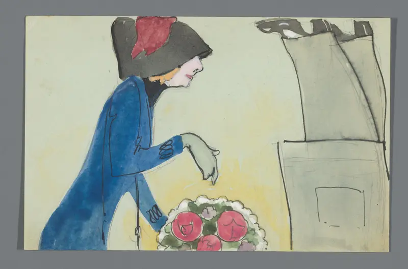 Briefkaart met een tekening van het onderlichaam van Leo Gestel en bovenlichaam van An Overtoom met boeket Wall Art by Leo Gestel - High-Resolution Digital Print