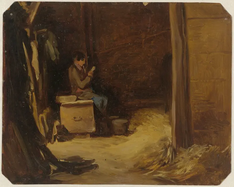 Brieven lezende jongen in een stal Wall Art by Guillaume Anne van der Brugghen - High-Resolution Digital Print