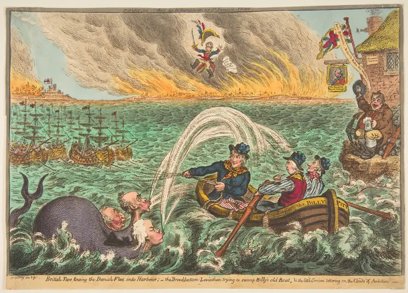 British Tars Towing the Danish Fleet into Harbour; the Broad-Bottom Leviathan trying Billy's Old Boat, and the Little Corsican tottering on the Clouds of Ambition Wall Art by James Gillray - High-Resolution Digital Print