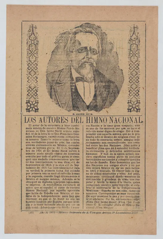 Broadsheet about the authors of Mexico's national anthem, portrait of Don Jaime Nuvo at center Wall Art by José Guadalupe Posada - High-Resolution Digital Print