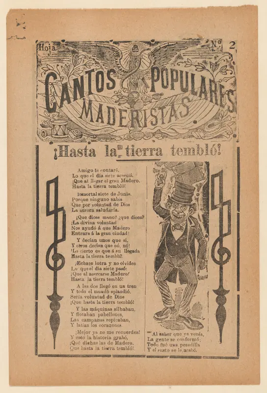 Broadsheet celebrating one of the founders of the Mexican Revolution, Francisco Madero, shown in a suit and top hat pointing to the phrases 'Que Si' and 'Que No' Wall Art by José Guadalupe Posada - High-Resolution Digital Print