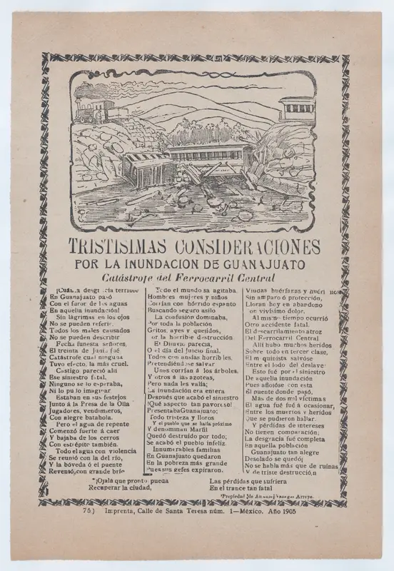 Broadsheet relating to a news story about the destruction following a flood in Guanajuato, a collapsed bridge and train car with victims Wall Art by José Guadalupe Posada - High-Resolution Digital Print