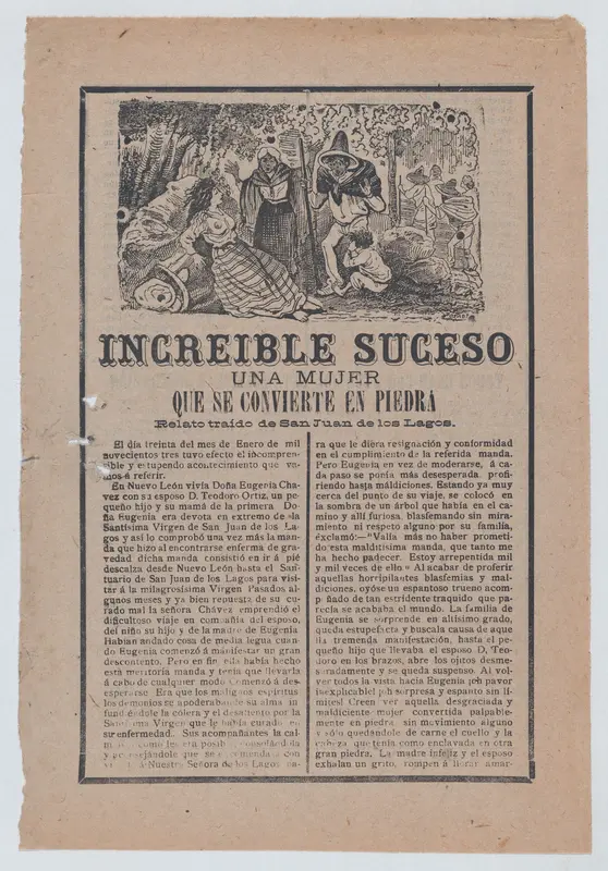 Broadsheet relating to a story about a woman who has turned into stone, a group of people discovering her in the woods Wall Art by José Guadalupe Posada - High-Resolution Digital Print